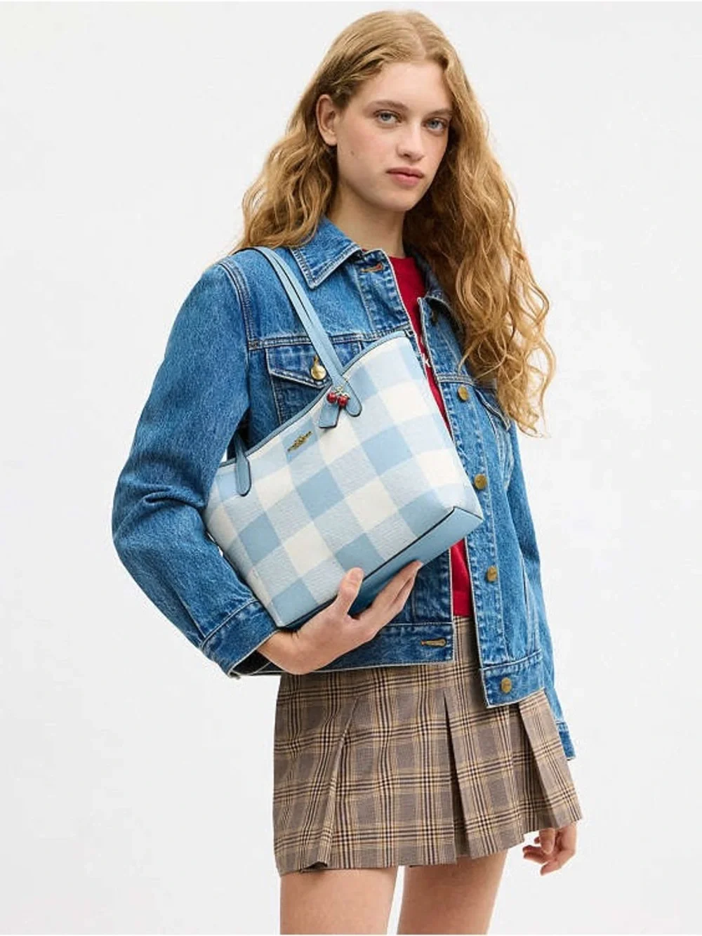 Coach Medium City Tote Bag: Blue & White Gingham Print With Cherry Bag Charm